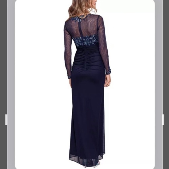 XSCAPE Lace Embroidered Sheer Long Sleeve Gown in Navy Blue - Picture 2 of 11